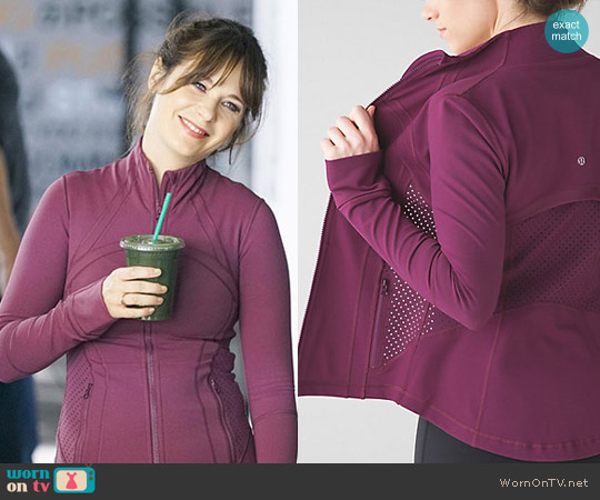 Lululemon Special Edition Exhale Define Jacket in Red Grape worn by Jessica Day (Zooey Deschanel) on New Girl