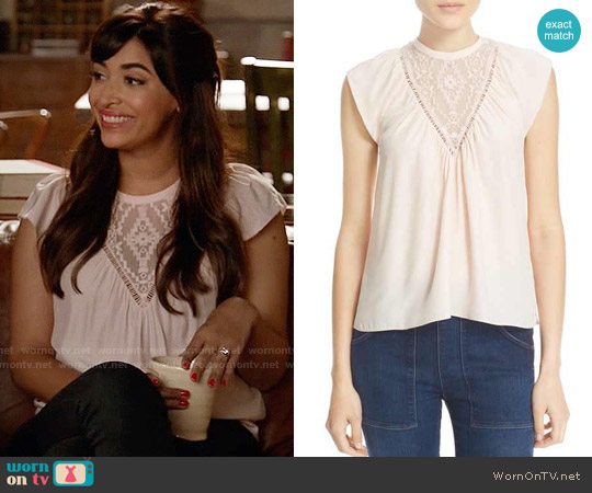 Rebecca Taylor Embroidered Inset Silk Top worn by Cece Parekh (Hannah Simone) on New Girl