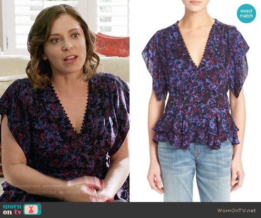 Rebecca Taylor Flutter Sleeve Peplum Silk Top worn by Rebecca Bunch (Rachel Bloom) on Crazy Ex-Girlfriend