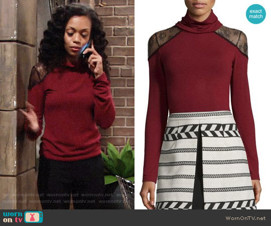Alice + Olivia Krystalle Top in Bordeaux / Black worn by Hilary Curtis (Mishael Morgan) on The Young and the Restless