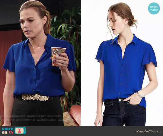 Banana Republic Flutter Sleeve Top in Marina Blue worn by Phyllis Newman (Gina Tognoni) on The Young and the Restless