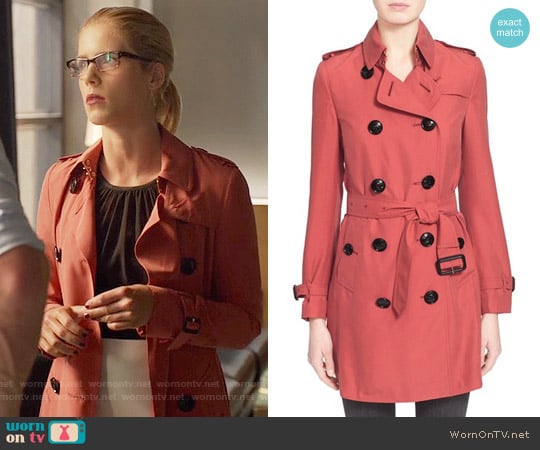 Burberry Kensington Double Breasted Silk Trench Coat worn by Felicity Smoak (Emily Bett Rickards) on Arrow