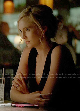 Caroline’s black v-neck dress with zig zag trim on The Vampire Diaries