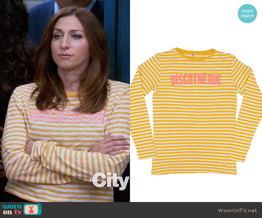 Clare V Longsleeve Top in Yellow Stripes with Coral Discotheque worn by Gina Linetti (Chelsea Peretti) on Brooklyn Nine-Nine
