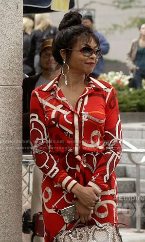 Cookie’s red belt print shirtdress and studded sunglasses on Empire
