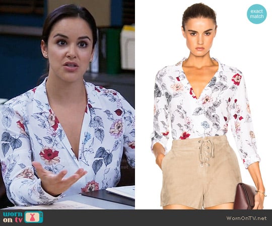 Equipment Adalyn Floral Silk Blouse in White worn by Amy Santiago (Melissa Fumero) on Brooklyn Nine-Nine