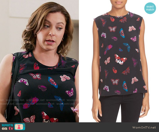 Equipment Kyle Butterfly Print Silk Top worn by Rebecca Bunch (Rachel Bloom) on Crazy Ex-Girlfriend