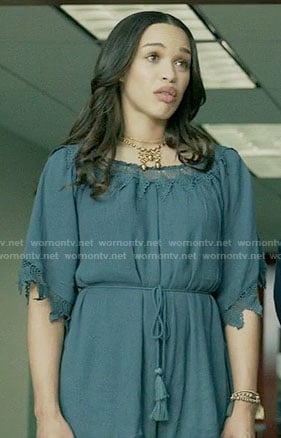 Erica’s teal blue lace trim romper on Last Man on Earth