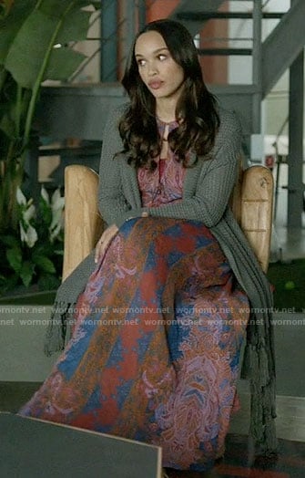 Erica’s pink printed maxi dress and grey cardigan on Last Man on Earth