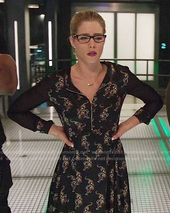 Felicity’s black printed zip front dress on Arrow