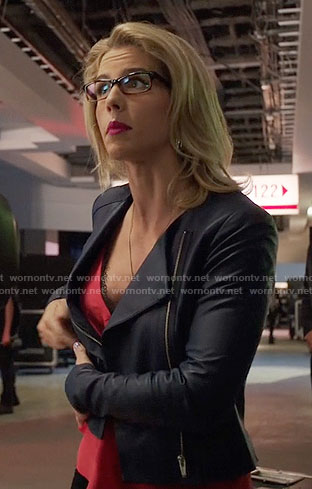 Felicity’s red lace trim top and leather jacket on Arrow