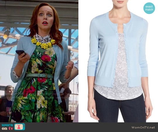 Halogen Three Quarter Sleeve Cardigan in Blue Cashmere worn by Cassandra Cillian (Lindy Booth) on The Librarians