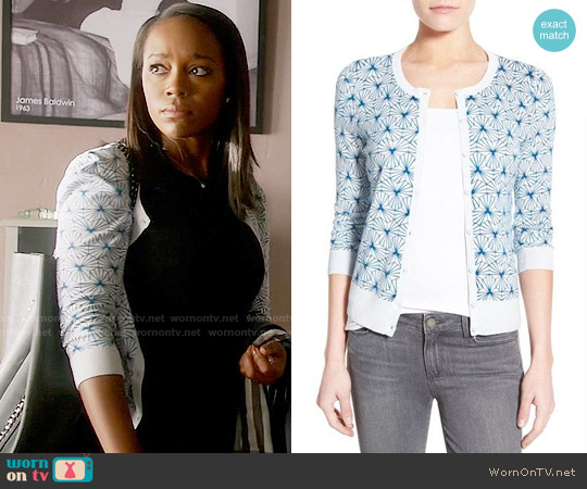 Halogen Three Quarter Sleeve Cardigan in Blue Amparo worn by Michaela Pratt (Aja Naomi King) on How to Get Away with Murder