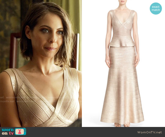 Herve Leger Izabella Woodgrain Metallic Foil Peplum Gown worn by Thea Queen (Willa Holland) on Arrow