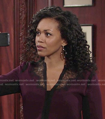Hilary’s purple blouse with black lace on The Young and the Restless