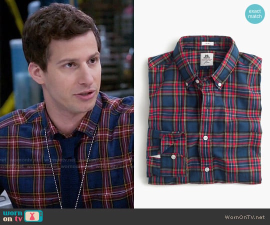 Thomas Mason for J.Crew Flannel Shirt in Dark Royal Plaid worn by Jake Peralta (Andy Samberg) on Brooklyn Nine-Nine