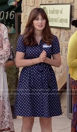Jess’s navy polka dot shirtdress on New Girl