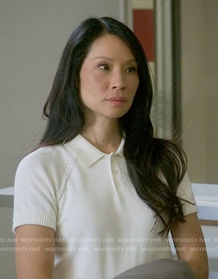 Joan’s white knit polo top on Elementary