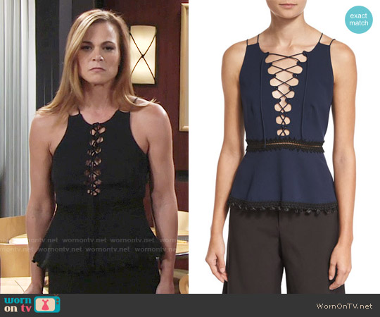 Jonathan Simkhai Lace-Up Crepe Peplum Top worn by Phyllis Newman (Gina Tognoni) on The Young and the Restless