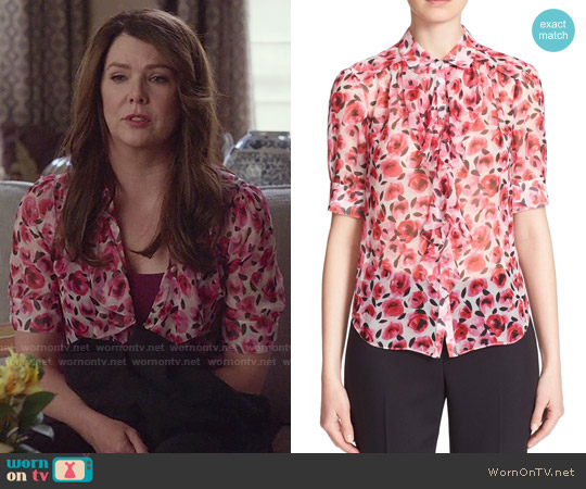 Kate Spade Rose Print Ruffle Silk Shirt worn by Lorelai Gilmore (Lauren Graham) on Gilmore Girls