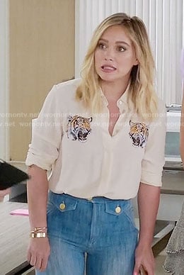 Kelsey’s tiger shirt and jeans on Younger