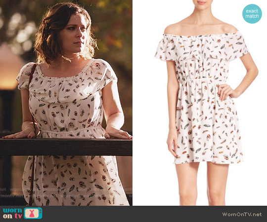 The Kooples Off-The-Shoulder Feather-Print Silk Dress worn by Rebecca Bunch (Rachel Bloom) on Crazy Ex-Girlfriend