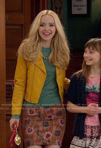 Liv’s yellow leather jacket and floral skirt on Liv and Maddie