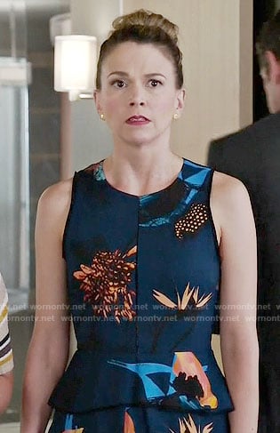 Liza’s blue tropical print peplum dress on Younger