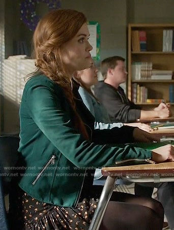 Lydia’s floral skirt and green moto jacket on Teen Wolf