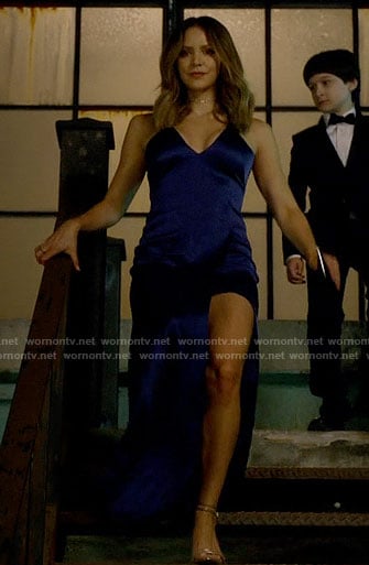 Paige’s blue satin gown on Scorpion