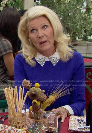 Pam’s blue dress with embellished collar on The Bold and the Beautiful