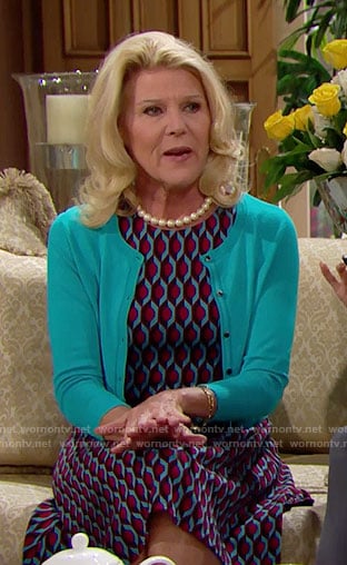 Pam’s blue and red geometric print dress on The Bold and the Beautiful