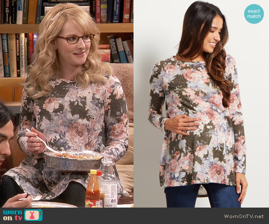 Pink Blush Olive Floral Print Maternity Knit Top worn by Bernadette Rostenkowski (Melissa Rauch) on The Big Bang Theory