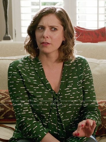 Rebecca’s green cloud printed tie neck blouse on Crazy Ex-Girlfriend