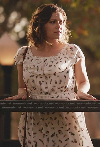 Rebecca’s white feather print dress on Crazy Ex-Girlfriend