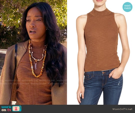 Sun & Shadow Mock Neck Knit Tank in Brown Chino worn by Zayday Williams (Keke Palmer) on Scream Queens