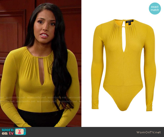 Topshop Long Sleeve Keyhole Body in Ochre worn by Sasha Avant (Felisha Cooper) on The Bold and the Beautiful