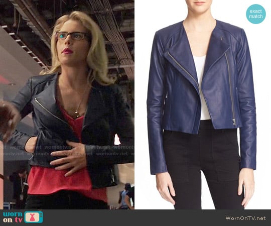 Veda Dali Leather Jacket in Lapis worn by Felicity Smoak (Emily Bett Rickards) on Arrow