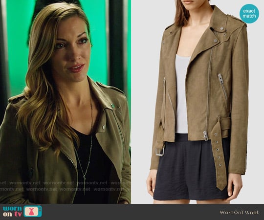 All Saints Suede Western Biker Jacket worn by Laurel Lance (Katie Cassidy) on Arrow