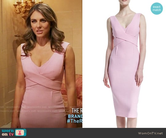 Roland Mouret Sleeveless Crepe Crisscross Sheath Dress worn by Queen Helena (Elizabeth Hurley) on The Royals
