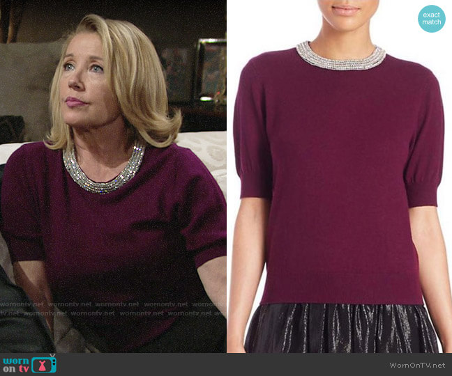 Alice + Olivia Pandora Embellished Sweater in Aubergine worn by Nikki Reed Newman (Melody Thomas-Scott) on The Young and the Restless
