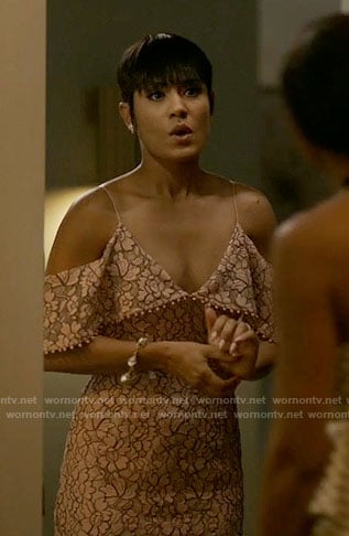 Anika’s pink lace off-shoulder dress on Empire