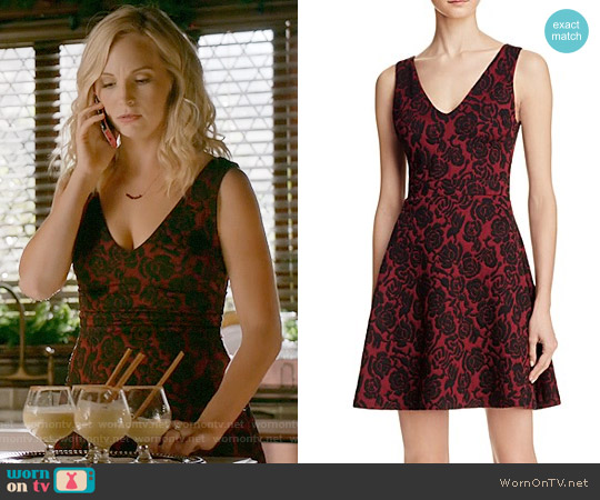 Aqua Rose Jacquard V-Neck Dress worn by Caroline Forbes (Candice Accola) on The Vampire Diaries