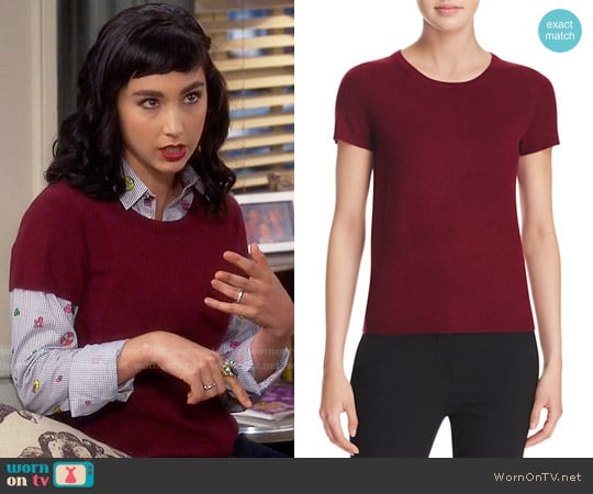 C by Bloomingdales Short-Sleeve Cashmere Sweater in Cabernet worn by Mandy Baxter (Molly Ephraim) on Last Man Standing
