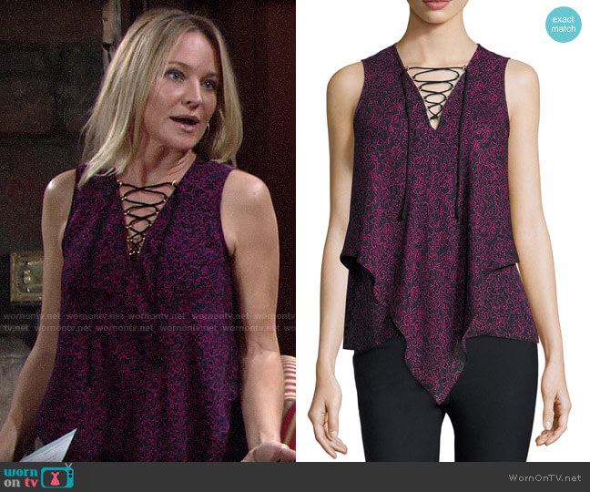 10 Crosby by Derek Lam Laced Printed Silk Handkerchief Tank worn by Sharon Newman (Sharon Case) on The Young and the Restless