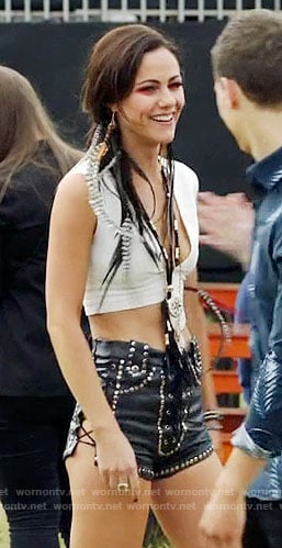 Princess Eleanor’s studded lace-up leather shorts and white crop top on The Royals