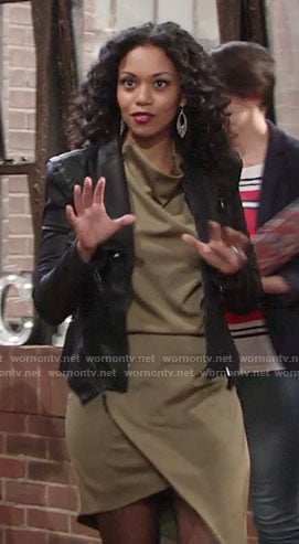 Hilary’s khaki asymmetric dress and leather jacket on The Young and the Restless