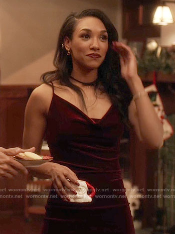 Iris’s burgundy velvet dress on The Flash