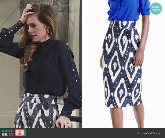 Exclusive for Intermix Skirt: Collection Midi Skirt in Ikat by J.Crew Candice Button Blouse worn by Victoria Newman (Amelia Heinle) on The Young and the Restless