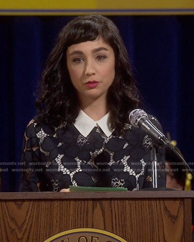 Mandy’s navy lace dress with white collar on Last Man Standing